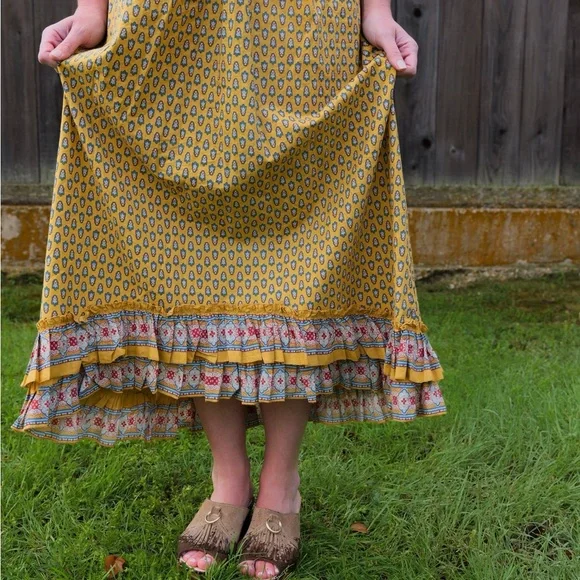 April Cornell Yellow Ruffled Ruched Midi Sundress - Picture 2 of 5